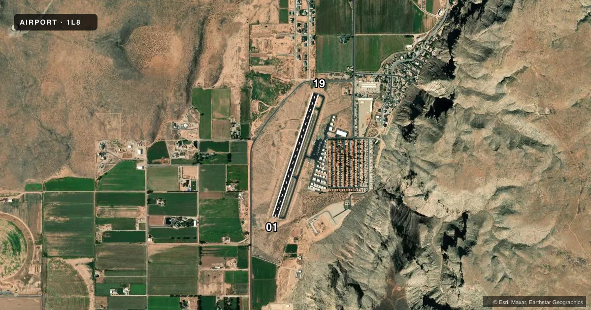 Top-down satellite sketch of 1L8 GENERAL DICK STOUT FLD in HURRICANE, UTAH, showing runways 01/19 drawn to scale over Esri World Imagery