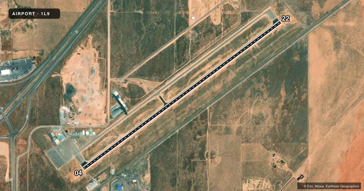 Top-down satellite sketch of 1L9 PAROWAN in PAROWAN, UTAH, showing runways 04/22 drawn to scale over Esri World Imagery