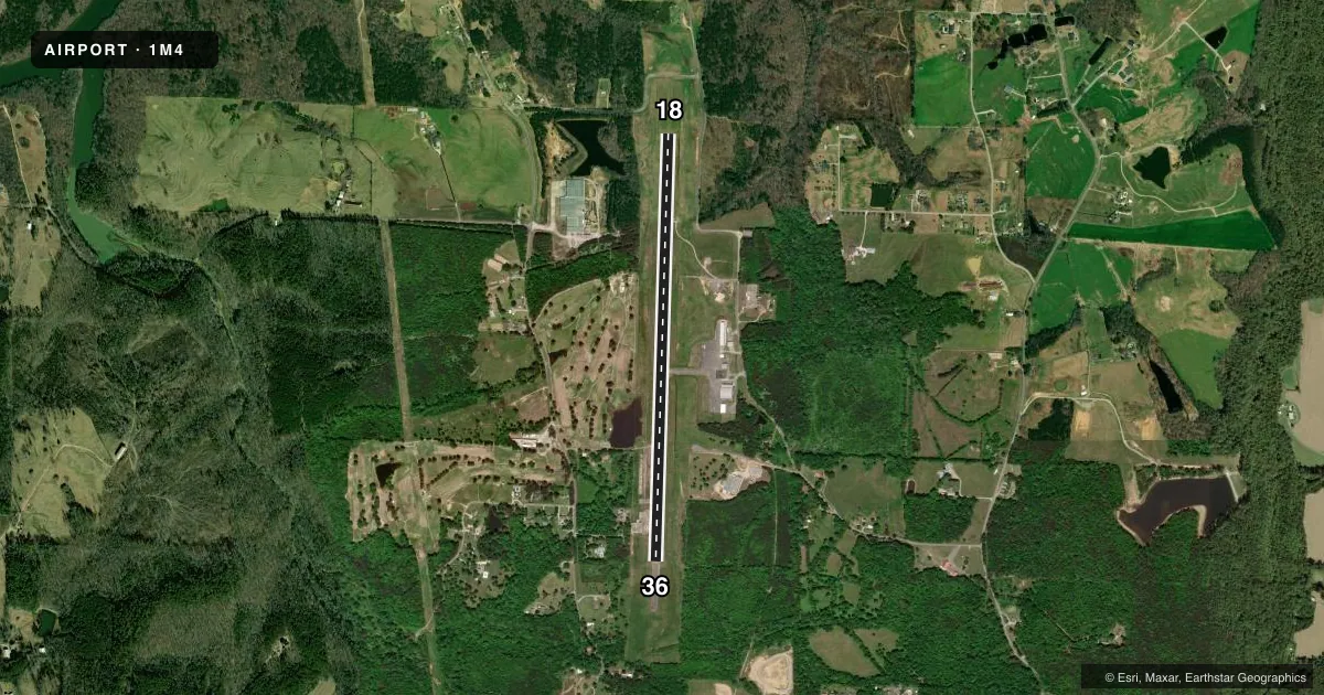 Top-down satellite sketch of 1M4 POSEY FLD in HALEYVILLE, ALABAMA, showing runways 18/36 drawn to scale over Esri World Imagery