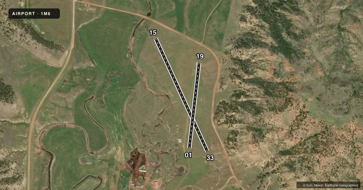 Top-down satellite sketch of 1M6 STEVENS RANCH in ASHLAND, MONTANA, showing runways 15/33, 01/19 drawn to scale over Esri World Imagery