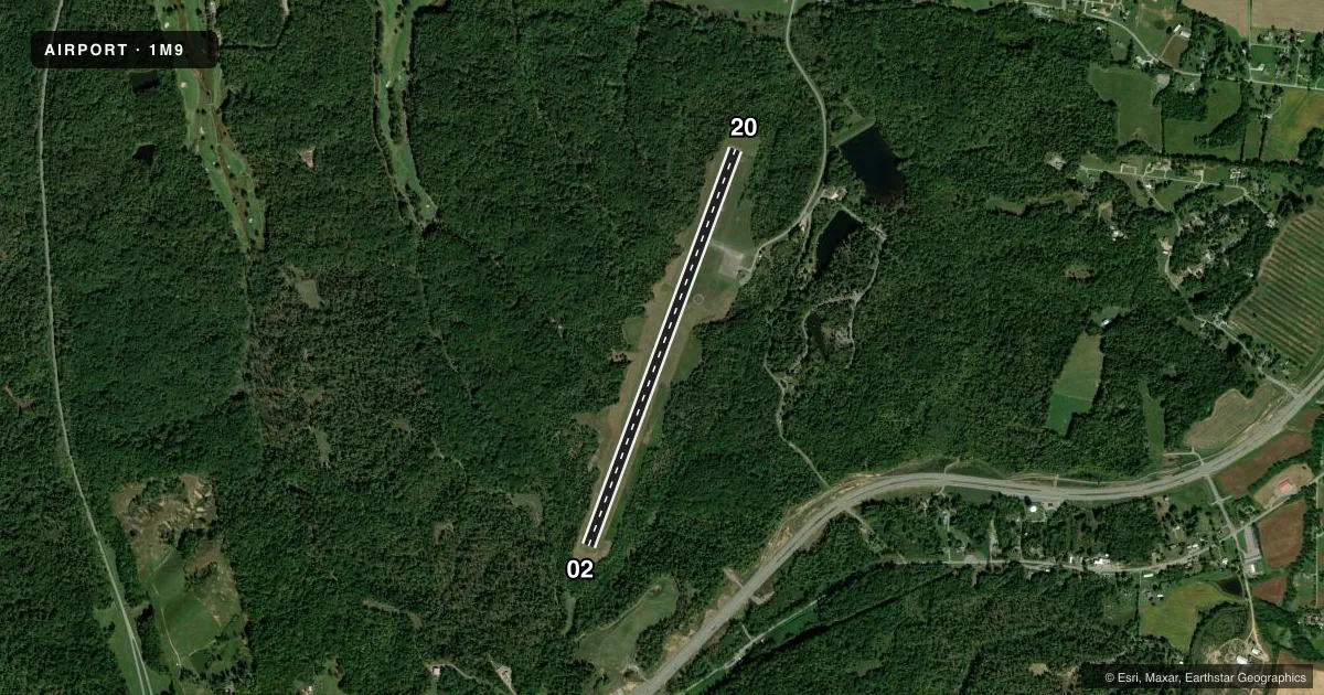 Top-down satellite sketch of 1M9 LAKE BARKLEY STATE PARK in CADIZ, KENTUCKY, showing runways 02/20 drawn to scale over Esri World Imagery