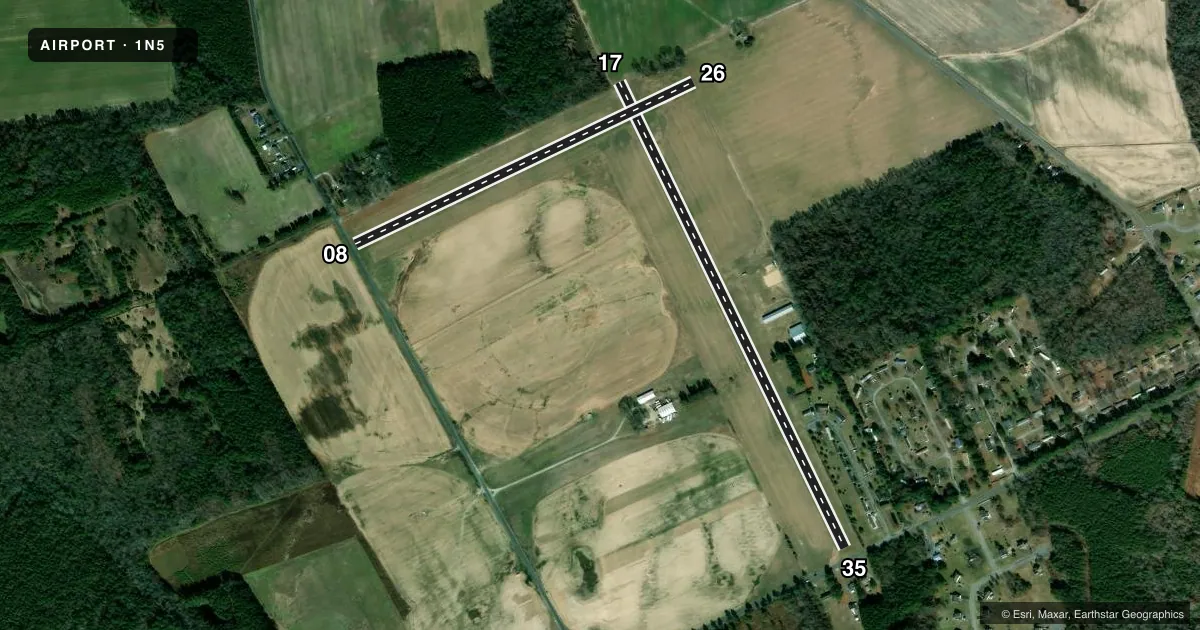 Top-down satellite sketch of 1N5 BENNETT in SALISBURY, MARYLAND, showing runways 17/35, 08/26 drawn to scale over Esri World Imagery