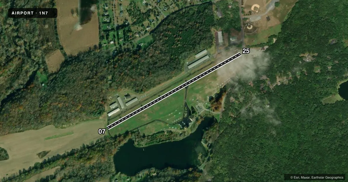 Top-down satellite sketch of 1N7 BLAIRSTOWN in BLAIRSTOWN, NEW JERSEY, showing runways 07/25 drawn to scale over Esri World Imagery