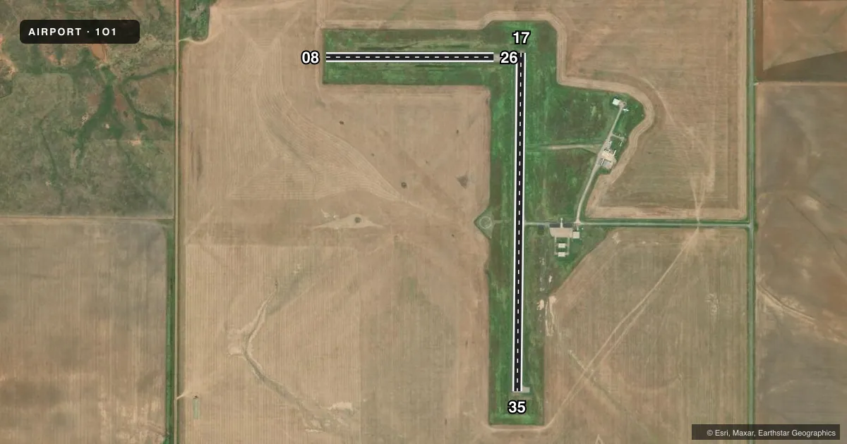 Top-down satellite sketch of 1O1 GRANDFIELD MUNI in GRANDFIELD, OKLAHOMA, showing runways 17/35, 08/26 drawn to scale over Esri World Imagery