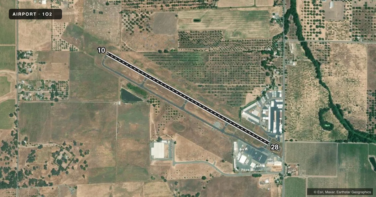 Top-down satellite sketch of 1O2 LAMPSON FLD in LAKEPORT, CALIFORNIA, showing runways 10/28 drawn to scale over Esri World Imagery