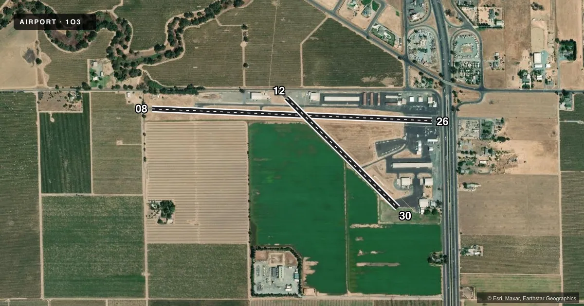 Top-down satellite sketch of 1O3 LODI in LODI, CALIFORNIA, showing runways 08/26, 12/30 drawn to scale over Esri World Imagery