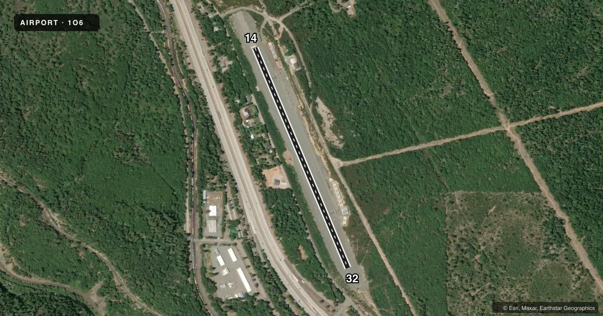Top-down satellite sketch of 1O6 DUNSMUIR MUNI-MOTT in DUNSMUIR, CALIFORNIA, showing runways 14/32 drawn to scale over Esri World Imagery