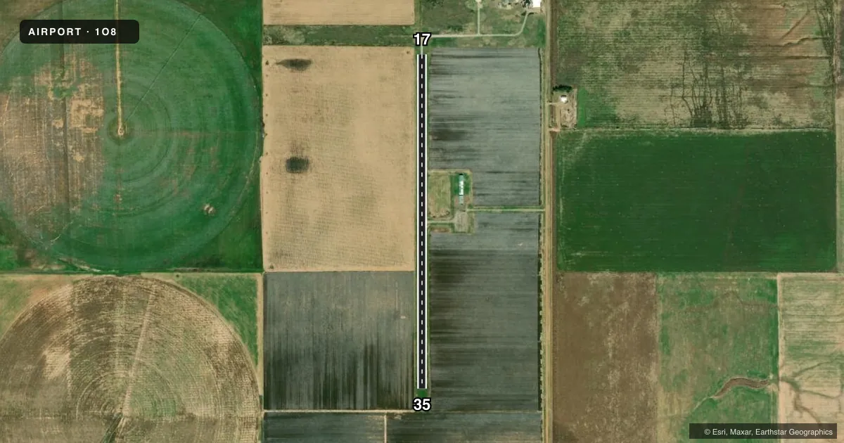 Top-down satellite sketch of 1O8 TIPTON MUNI in TIPTON, OKLAHOMA, showing runways 17/35 drawn to scale over Esri World Imagery
