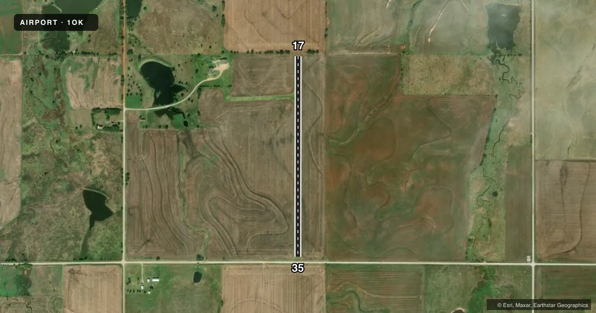 Top-down satellite sketch of 1OK FAIRMONT FLD in FAIRMONT, OKLAHOMA, showing runways 17/35 drawn to scale over Esri World Imagery