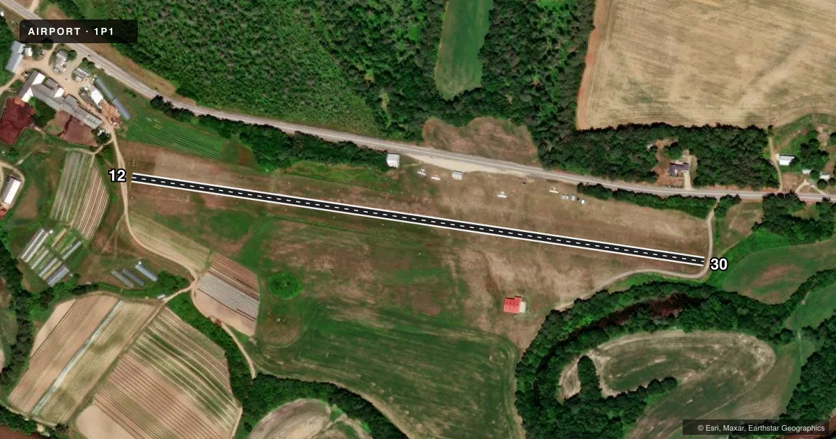 Top-down satellite sketch of 1P1 PLYMOUTH MUNI in PLYMOUTH, NEW HAMPSHIRE, showing runways 12/30 drawn to scale over Esri World Imagery