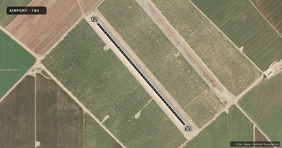 Top-down satellite sketch of 1Q4 NEW JERUSALEM in TRACY, CALIFORNIA, showing runways 12/30 drawn to scale over Esri World Imagery