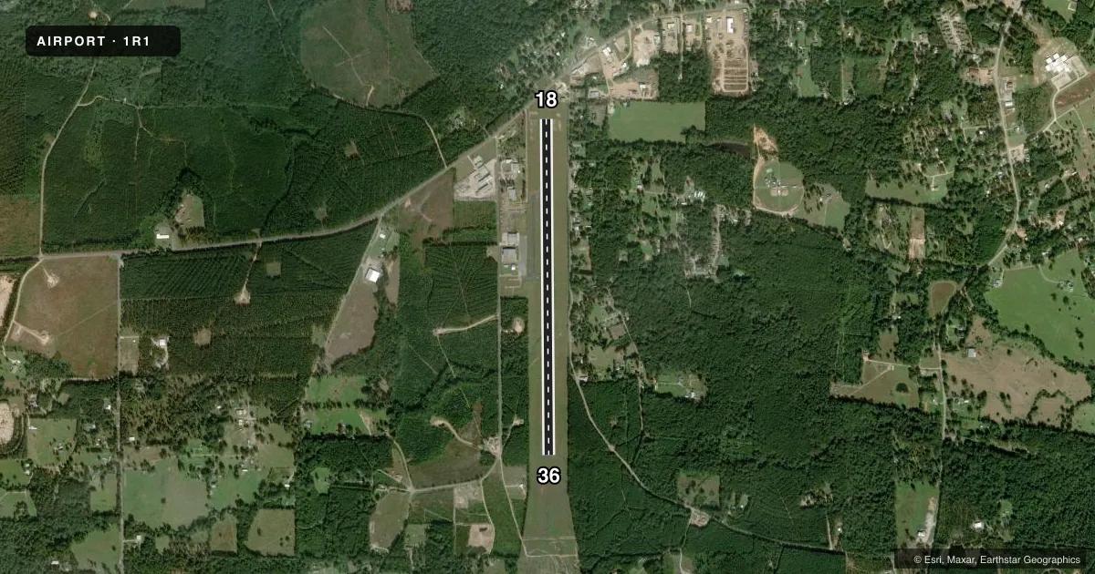 Top-down satellite sketch of 1R1 JENA in JENA, LOUISIANA, showing runways 18/36 drawn to scale over Esri World Imagery