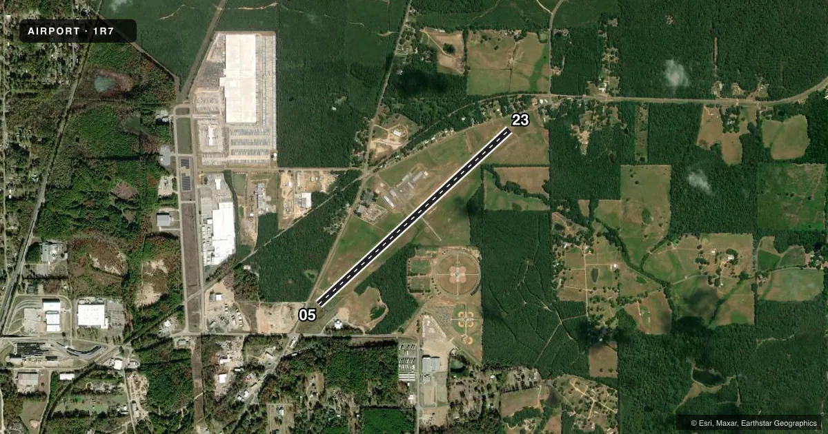 Top-down satellite sketch of 1R7 BROOKHAVEN-LINCOLN COUNTY in BROOKHAVEN, MISSISSIPPI, showing runways 05/23 drawn to scale over Esri World Imagery
