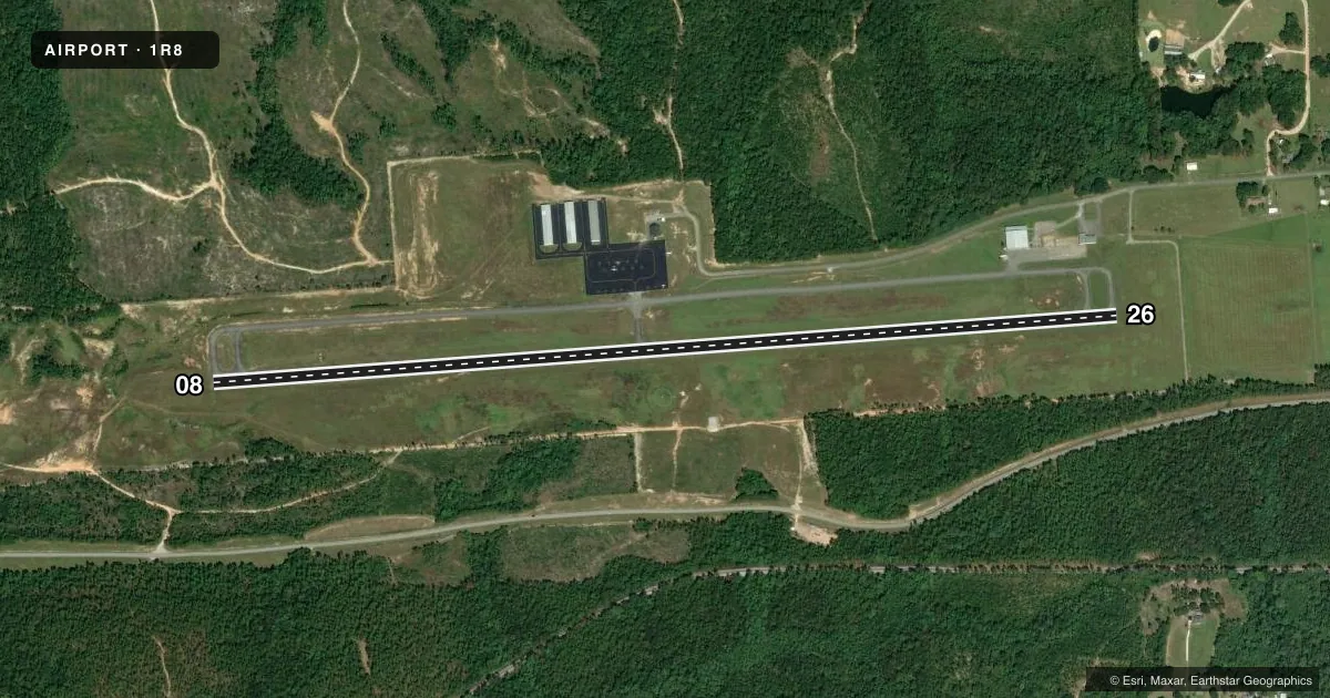 Top-down satellite sketch of 1R8 BAY MINETTE MUNI in BAY MINETTE, ALABAMA, showing runways 08/26 drawn to scale over Esri World Imagery