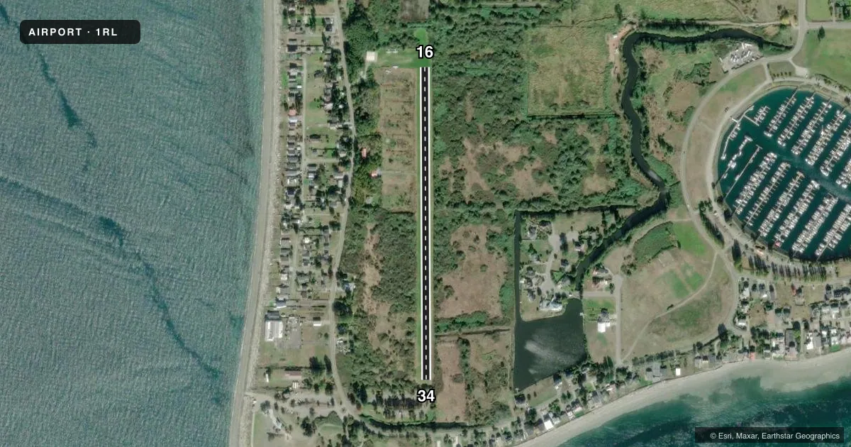 Top-down satellite sketch of 1RL POINT ROBERTS AIRPARK in POINT ROBERTS, WASHINGTON, showing runways 16/34 drawn to scale over Esri World Imagery