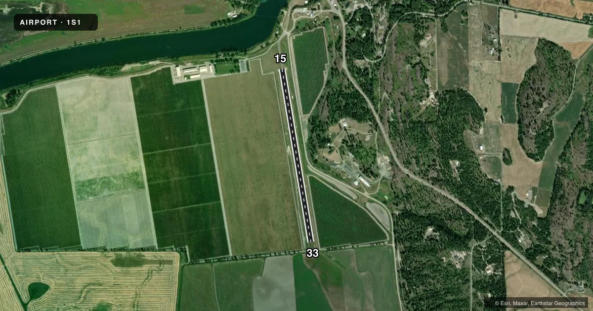 Top-down satellite sketch of 1S1 ECKHART INTL in PORTHILL, IDAHO, showing runways 15/33 drawn to scale over Esri World Imagery
