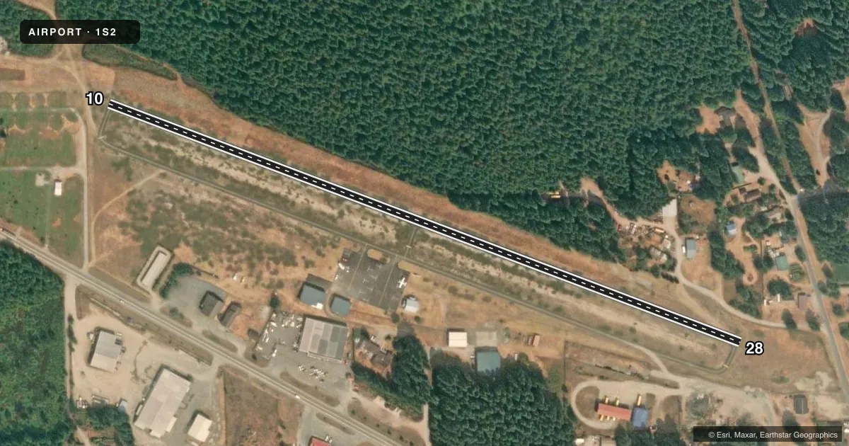 Top-down satellite sketch of 1S2 DARRINGTON MUNI in DARRINGTON, WASHINGTON, showing runways 10/28 drawn to scale over Esri World Imagery