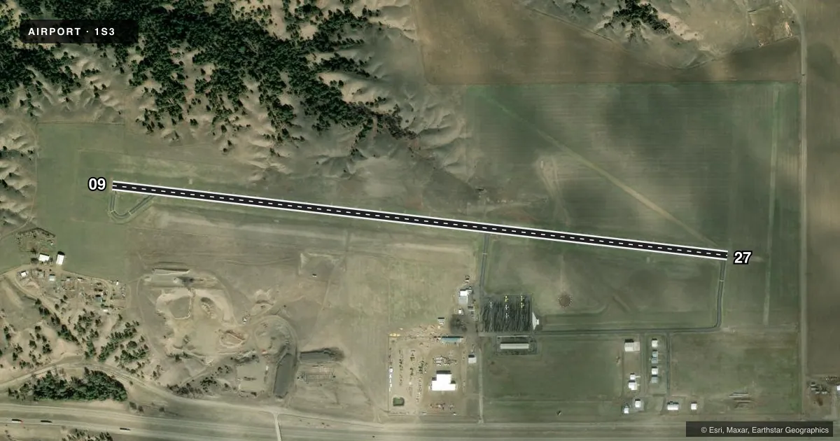 Top-down satellite sketch of 1S3 TILLITT FLD in FORSYTH, MONTANA, showing runways 09/27 drawn to scale over Esri World Imagery