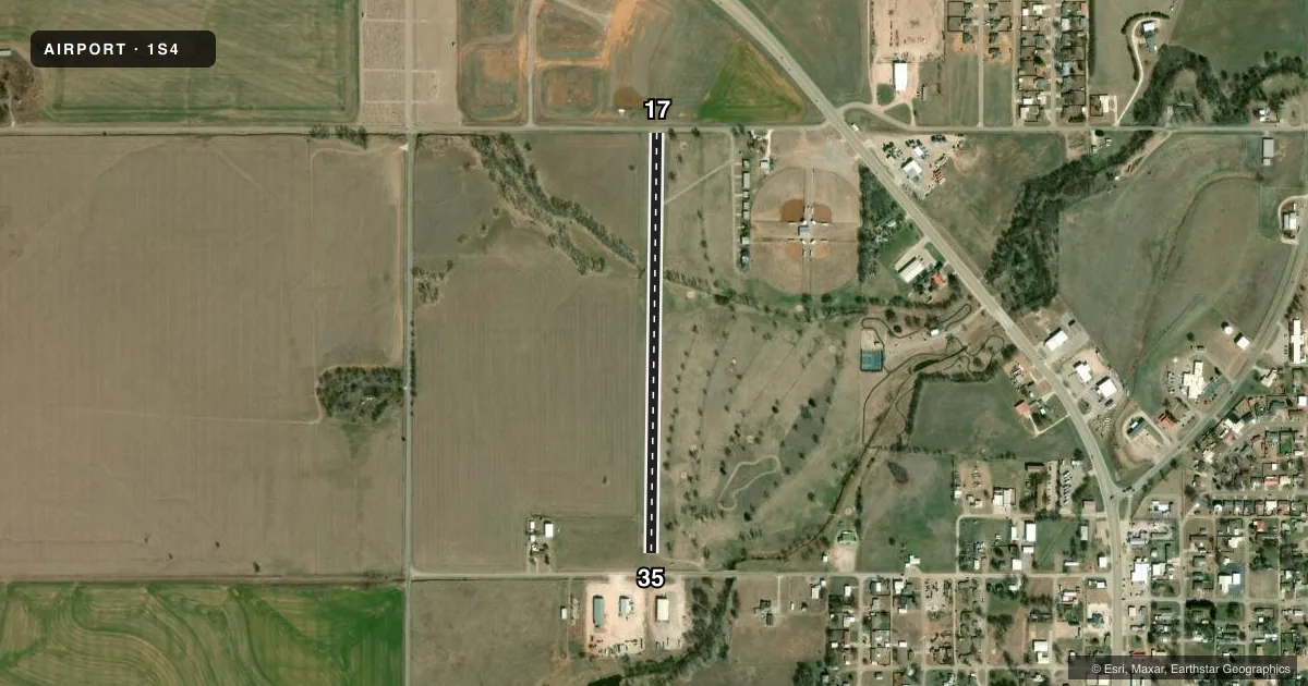 Top-down satellite sketch of 1S4 SEILING in SEILING, OKLAHOMA, showing runways 17/35 drawn to scale over Esri World Imagery