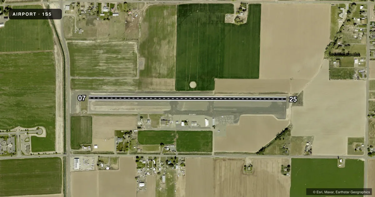 Top-down satellite sketch of 1S5 SUNNYSIDE MUNI in SUNNYSIDE, WASHINGTON, showing runways 07/25 drawn to scale over Esri World Imagery