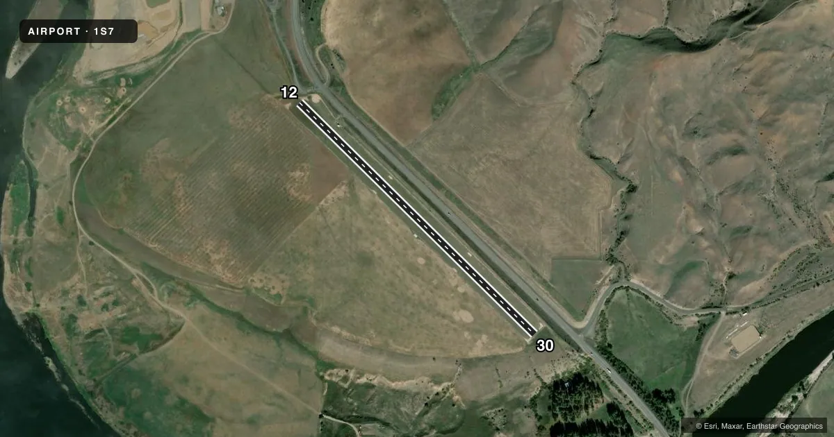 Top-down satellite sketch of 1S7 SLATE CREEK in SLATE CREEK, IDAHO, showing runways 12/30 drawn to scale over Esri World Imagery