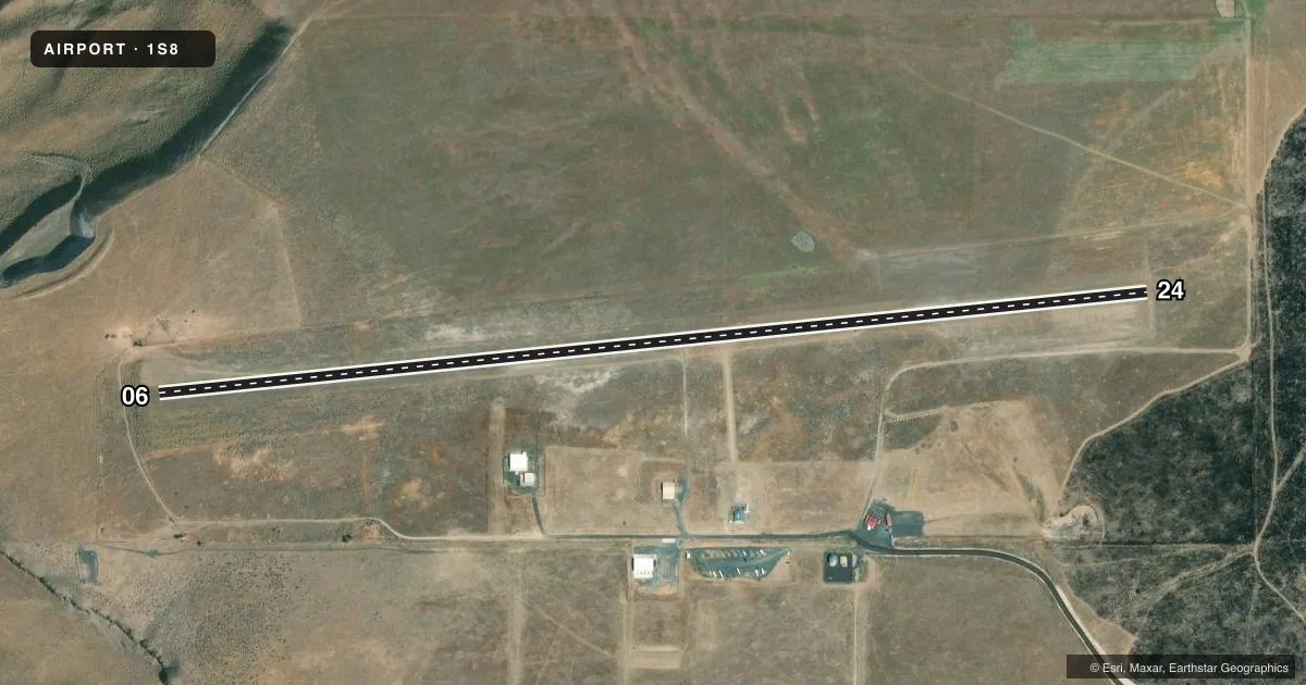 Top-down satellite sketch of 1S8 ARLINGTON MUNI in ARLINGTON, OREGON, showing runways 06/24 drawn to scale over Esri World Imagery
