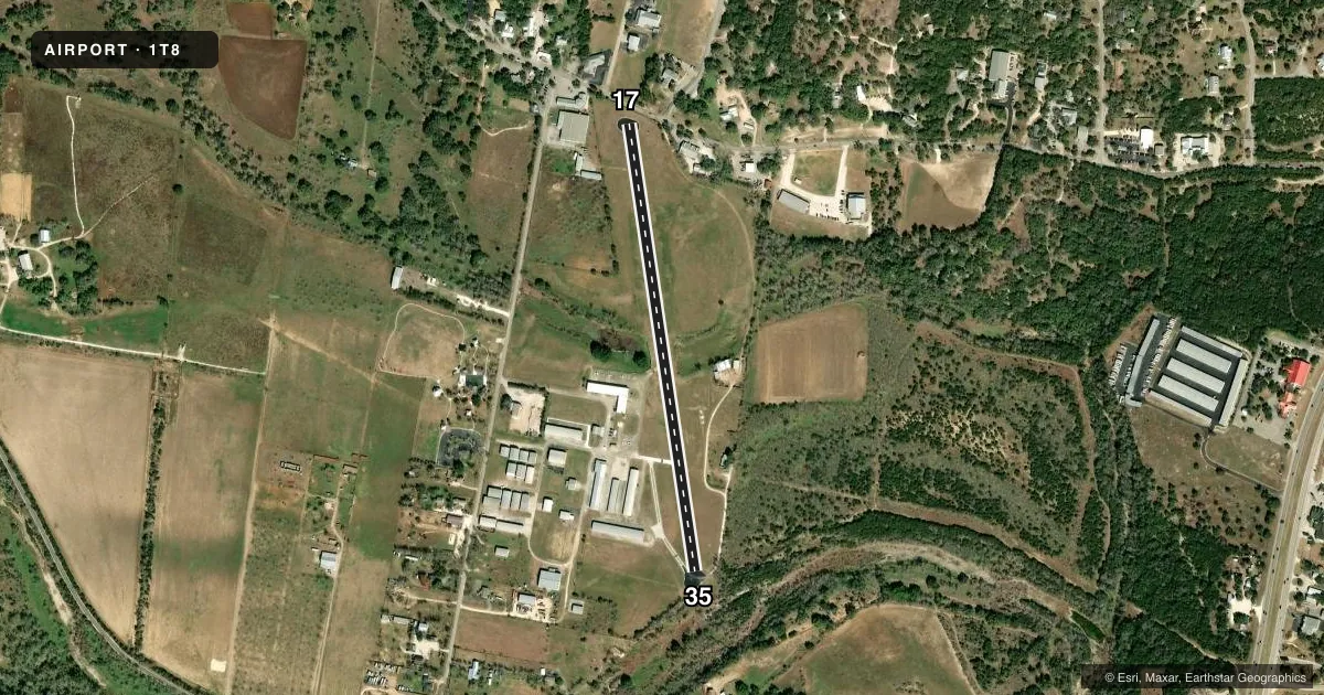 Top-down satellite sketch of 1T8 BULVERDE AIRPARK in SAN ANTONIO, TEXAS, showing runways 17/35 drawn to scale over Esri World Imagery