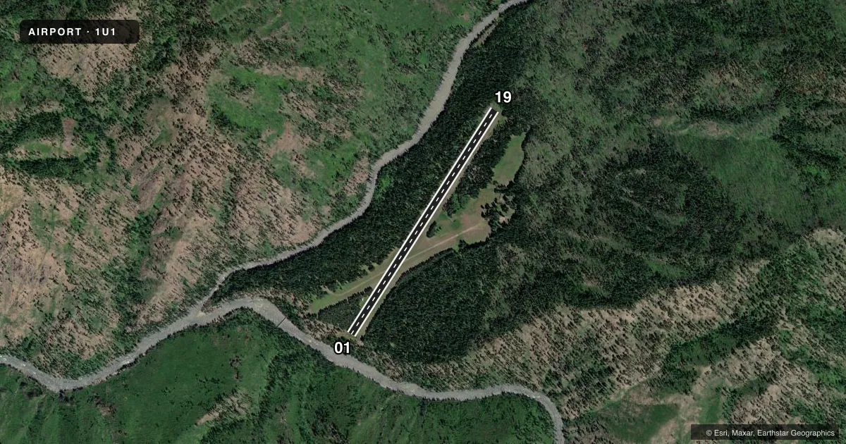 Top-down satellite sketch of 1U1 MOOSE CREEK /USFS/ in MOOSE CREEK RANGER STATION, IDAHO, showing runways 01/19 drawn to scale over Esri World Imagery
