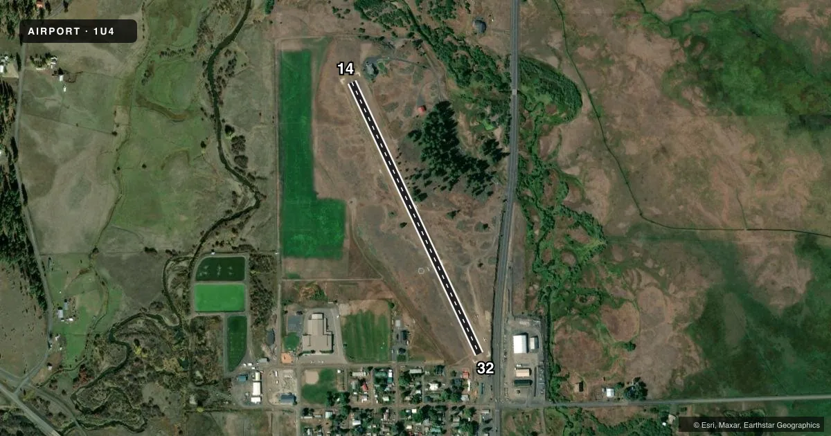 Top-down satellite sketch of 1U4 NEW MEADOWS in NEW MEADOWS, IDAHO, showing runways 14/32 drawn to scale over Esri World Imagery