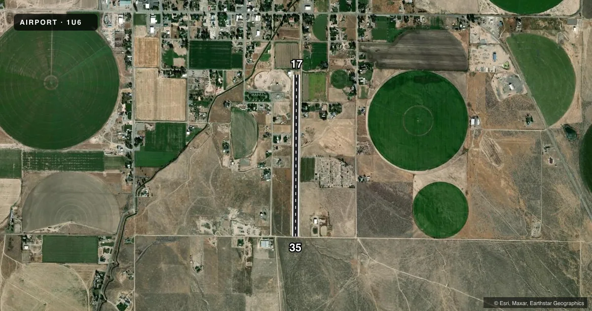 Top-down satellite sketch of 1U6 OAKLEY MUNI in OAKLEY, IDAHO, showing runways 17/35 drawn to scale over Esri World Imagery