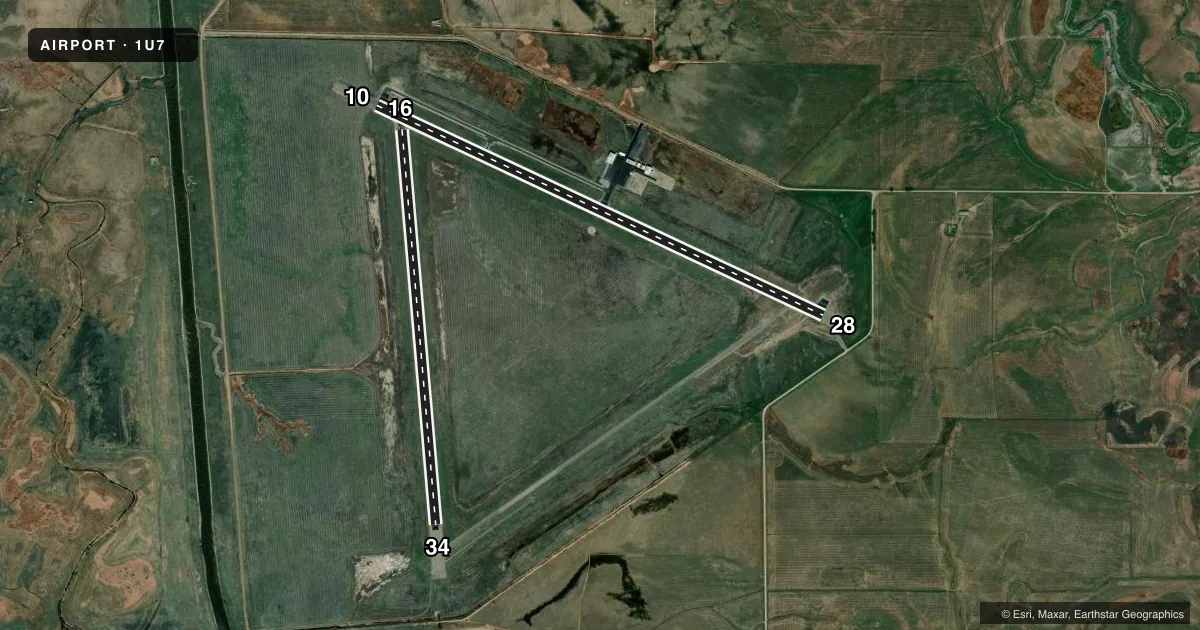 Top-down satellite sketch of 1U7 BEAR LAKE COUNTY in PARIS, IDAHO, showing runways 10/28, 16/34 drawn to scale over Esri World Imagery