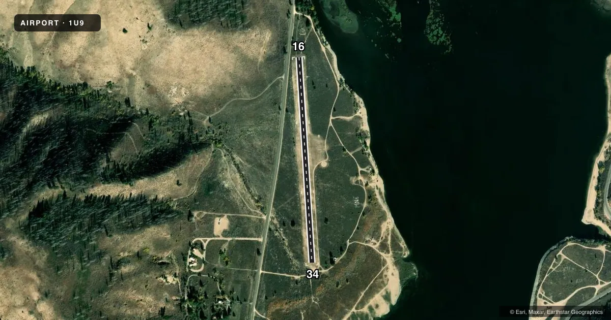 Top-down satellite sketch of 1U9 PINE in PINE, IDAHO, showing runways 16/34 drawn to scale over Esri World Imagery