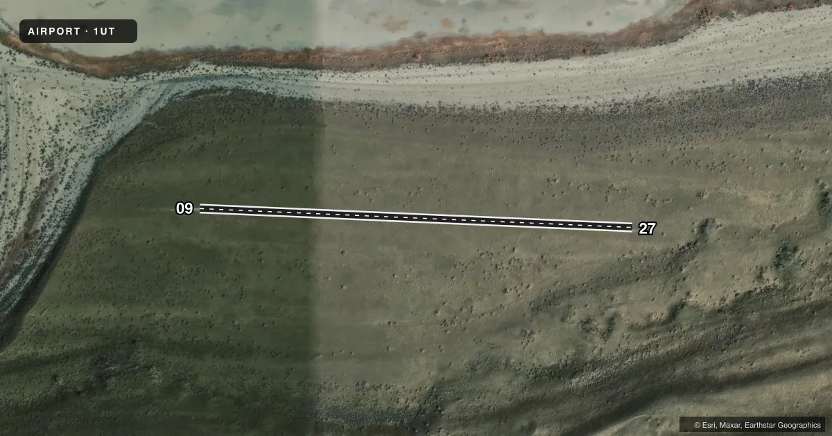 Top-down satellite sketch of 1UT FREMONT ISLAND LOWER in HOOPER, UTAH, showing runways 09/27 drawn to scale over Esri World Imagery