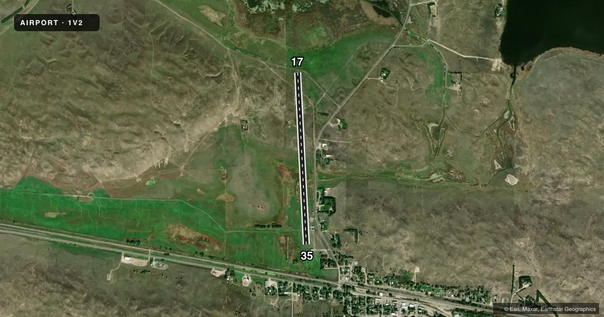 Top-down satellite sketch of 1V2 GRANT COUNTY in HYANNIS, NEBRASKA, showing runways 17/35 drawn to scale over Esri World Imagery