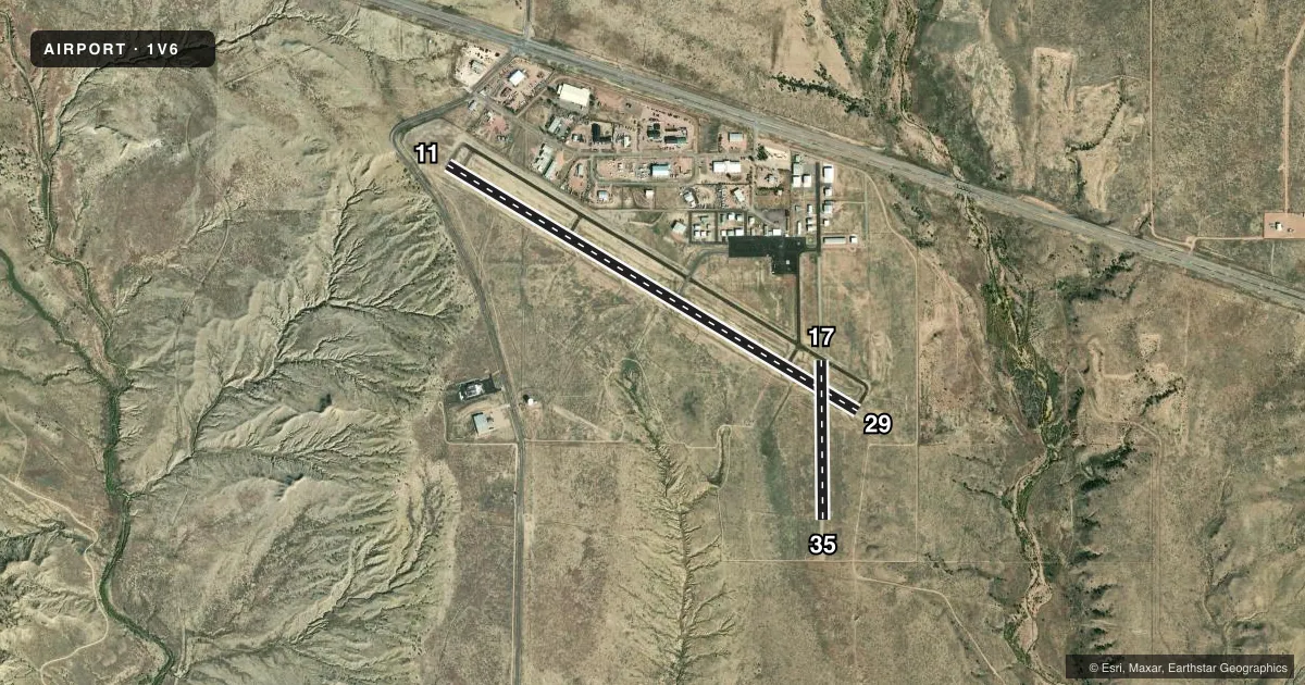 Top-down satellite sketch of 1V6 FREMONT COUNTY in CANON CITY, COLORADO, showing runways 11/29, 17/35 drawn to scale over Esri World Imagery