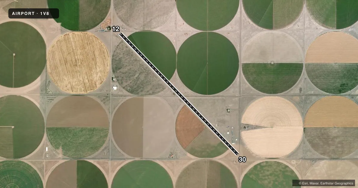 Top-down satellite sketch of 1V8 LEACH in CENTER, COLORADO, showing runways 12/30 drawn to scale over Esri World Imagery