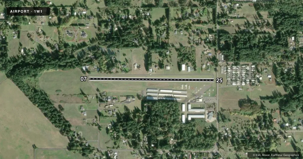 Top-down satellite sketch of 1W1 GROVE FLD in CAMAS, WASHINGTON, showing runways 07/25 drawn to scale over Esri World Imagery