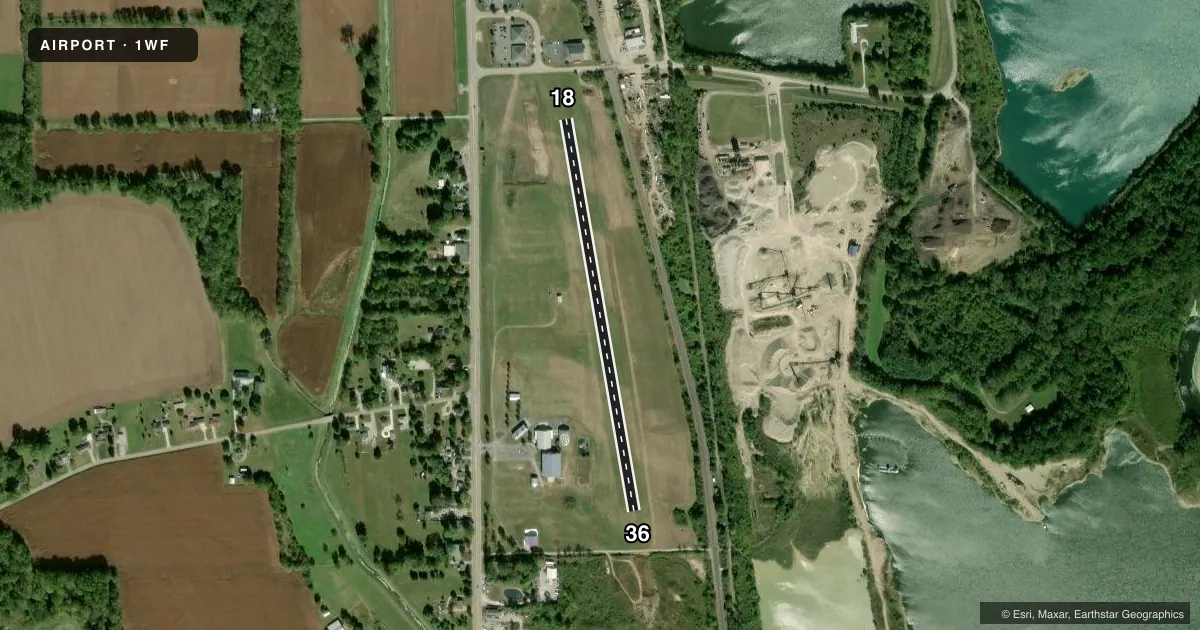 Top-down satellite sketch of 1WF WACO FLD in TROY, OHIO, showing runways 18/36 drawn to scale over Esri World Imagery