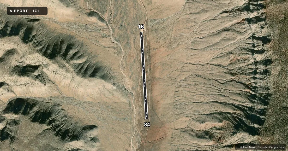 Top-down satellite sketch of 1Z1 GRAND CANYON BAR TEN AIRSTRIP in WHITMORE, ARIZONA, showing runways 16/34 drawn to scale over Esri World Imagery