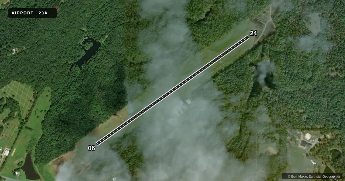 Top-down satellite sketch of 20A ROBBINS FLD in ONEONTA, ALABAMA, showing runways 06/24 drawn to scale over Esri World Imagery