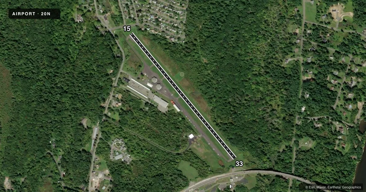 Top-down satellite sketch of 20N KINGSTON-ULSTER in KINGSTON, NEW YORK, showing runways 15/33 drawn to scale over Esri World Imagery