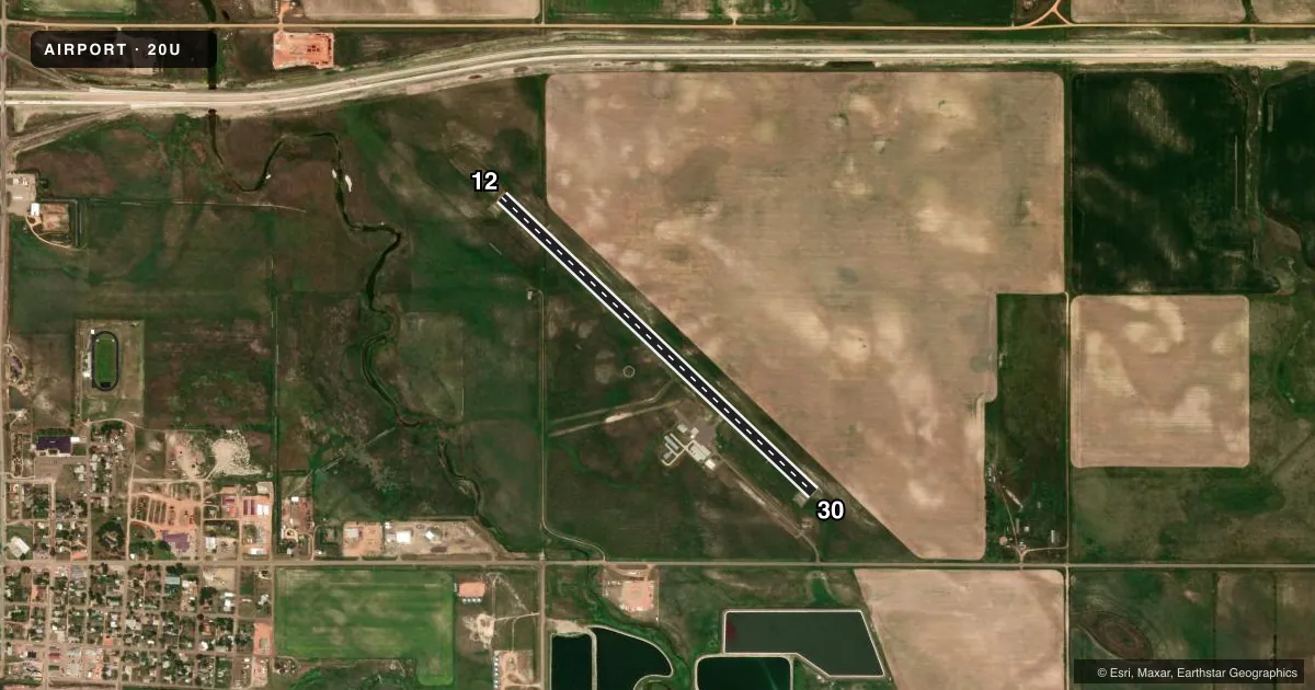Top-down satellite sketch of 20U BEACH in BEACH, NORTH DAKOTA, showing runways 12/30 drawn to scale over Esri World Imagery