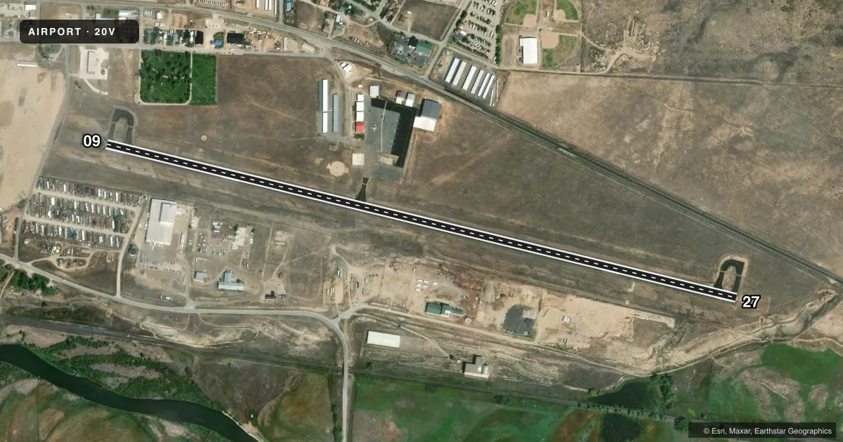 Top-down satellite sketch of 20V MC ELROY AIRFIELD in KREMMLING, COLORADO, showing runways 09/27 drawn to scale over Esri World Imagery
