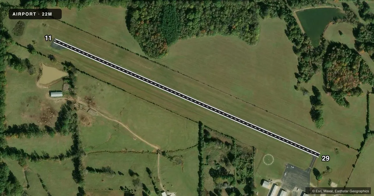 Top-down satellite sketch of 22M PONTOTOC COUNTY in PONTOTOC, MISSISSIPPI, showing runways 11/29 drawn to scale over Esri World Imagery
