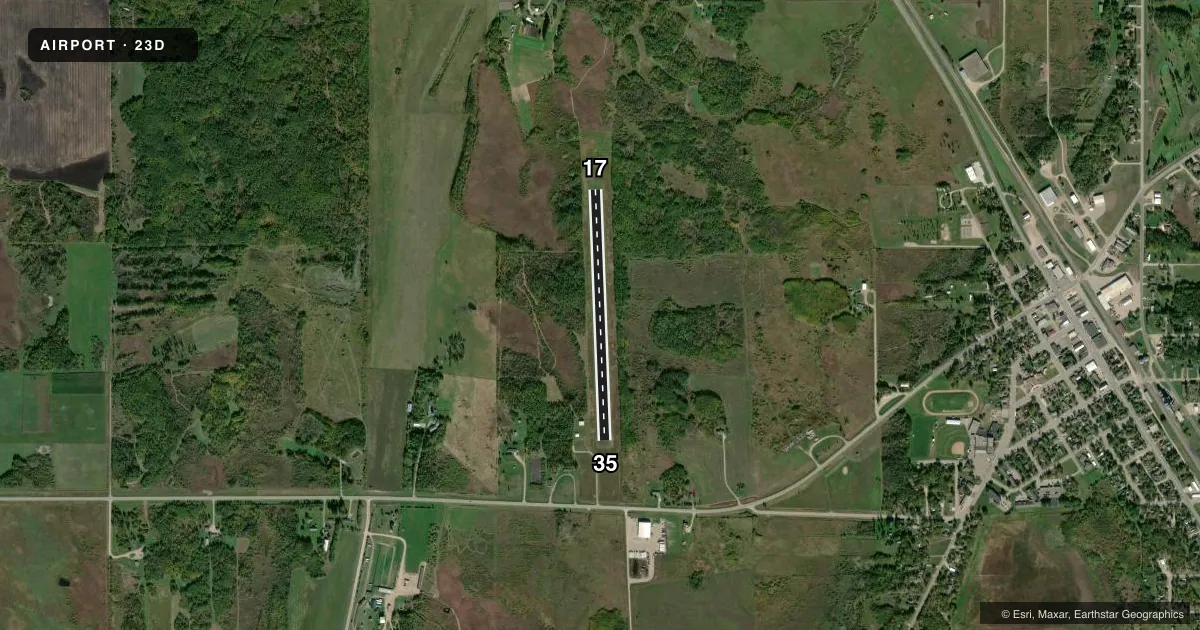 Top-down satellite sketch of 23D KARLSTAD MUNI in KARLSTAD, MINNESOTA, showing runways 17/35 drawn to scale over Esri World Imagery