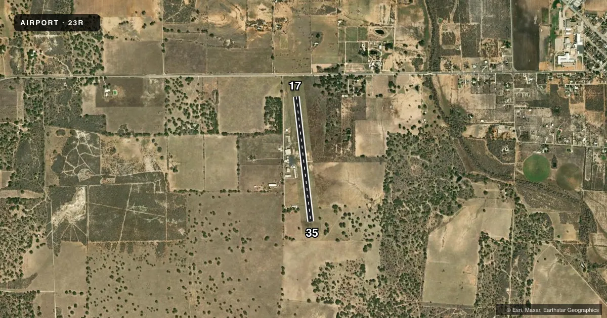 Top-down satellite sketch of 23R DEVINE MUNI in DEVINE, TEXAS, showing runways 17/35 drawn to scale over Esri World Imagery