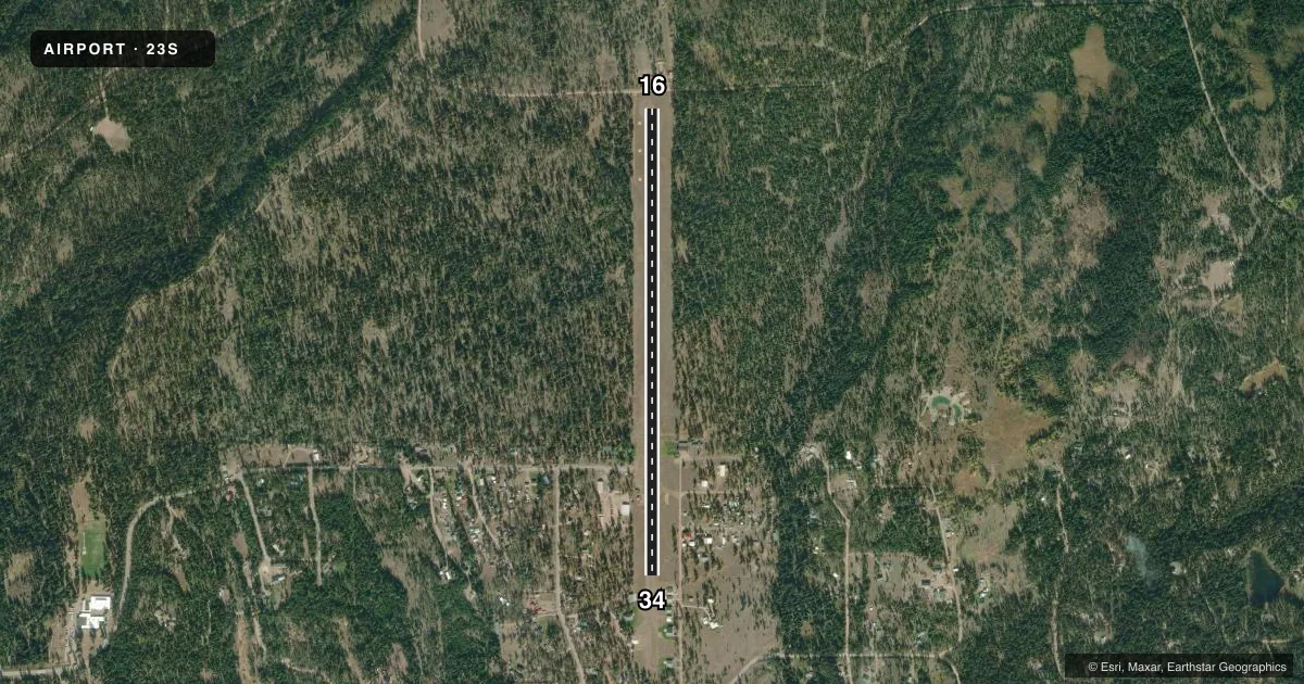 Top-down satellite sketch of 23S SEELEY LAKE in SEELEY LAKE, MONTANA, showing runways 16/34 drawn to scale over Esri World Imagery