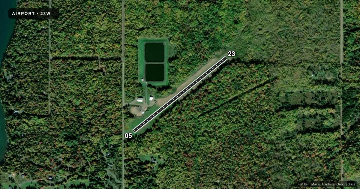 Top-down satellite sketch of 23W CORNUCOPIA FLD in CORNUCOPIA, WISCONSIN, showing runways 05/23 drawn to scale over Esri World Imagery