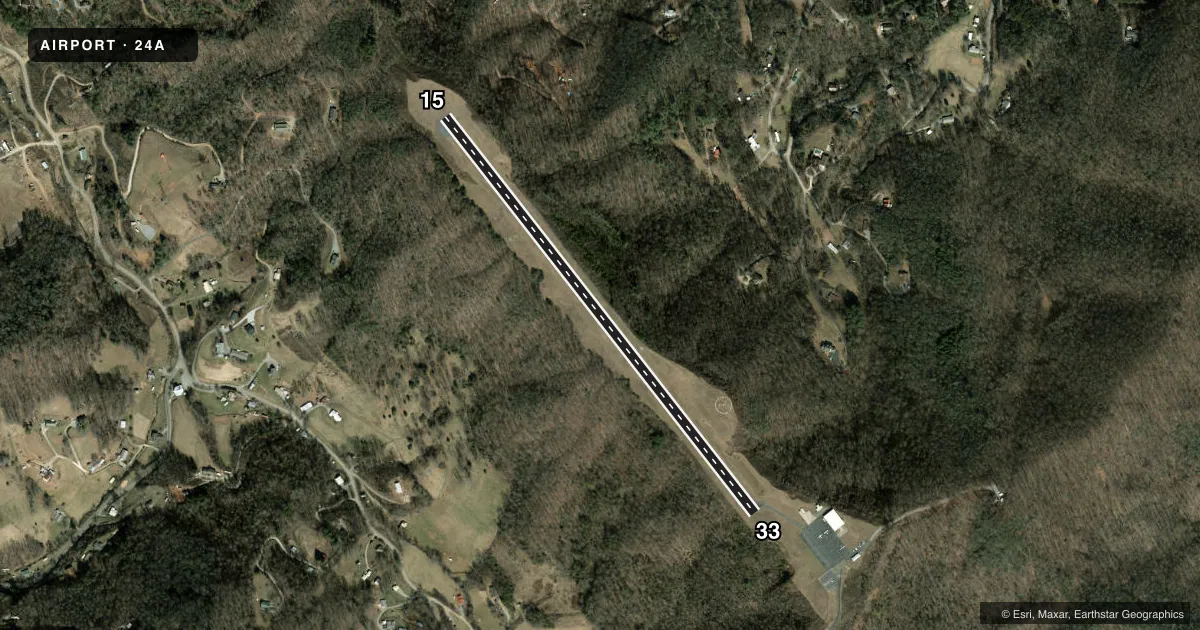 Top-down satellite sketch of 24A JACKSON COUNTY in SYLVA, NORTH CAROLINA, showing runways 15/33 drawn to scale over Esri World Imagery