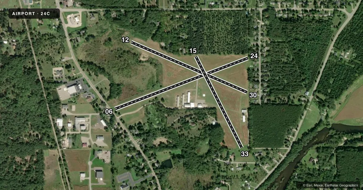 Top-down satellite sketch of 24C LOWELL CITY in LOWELL, MICHIGAN, showing runways 06/24, 12/30, 15/33 drawn to scale over Esri World Imagery